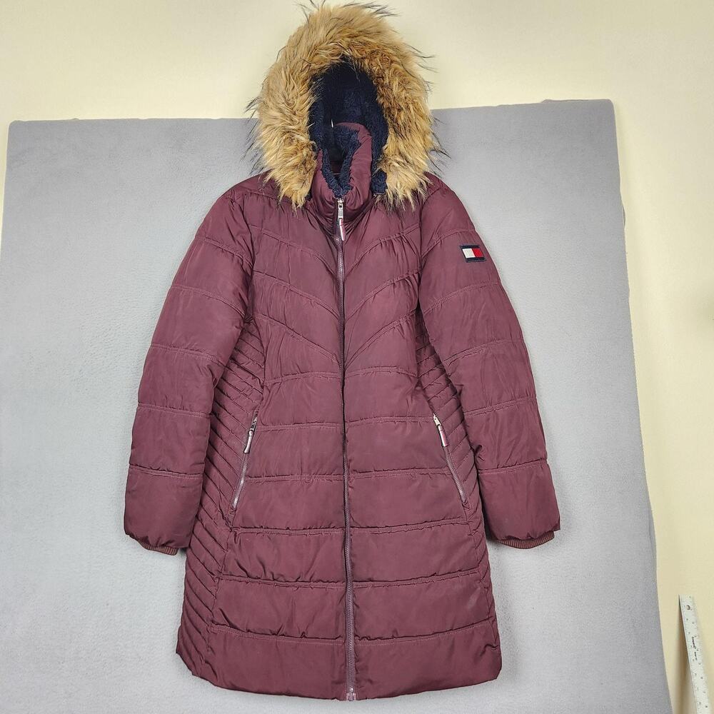 Tommy Hilfiger Puffer Coat Womens 2XL Red Hooded Faux Fur Zip Warm Mid Length